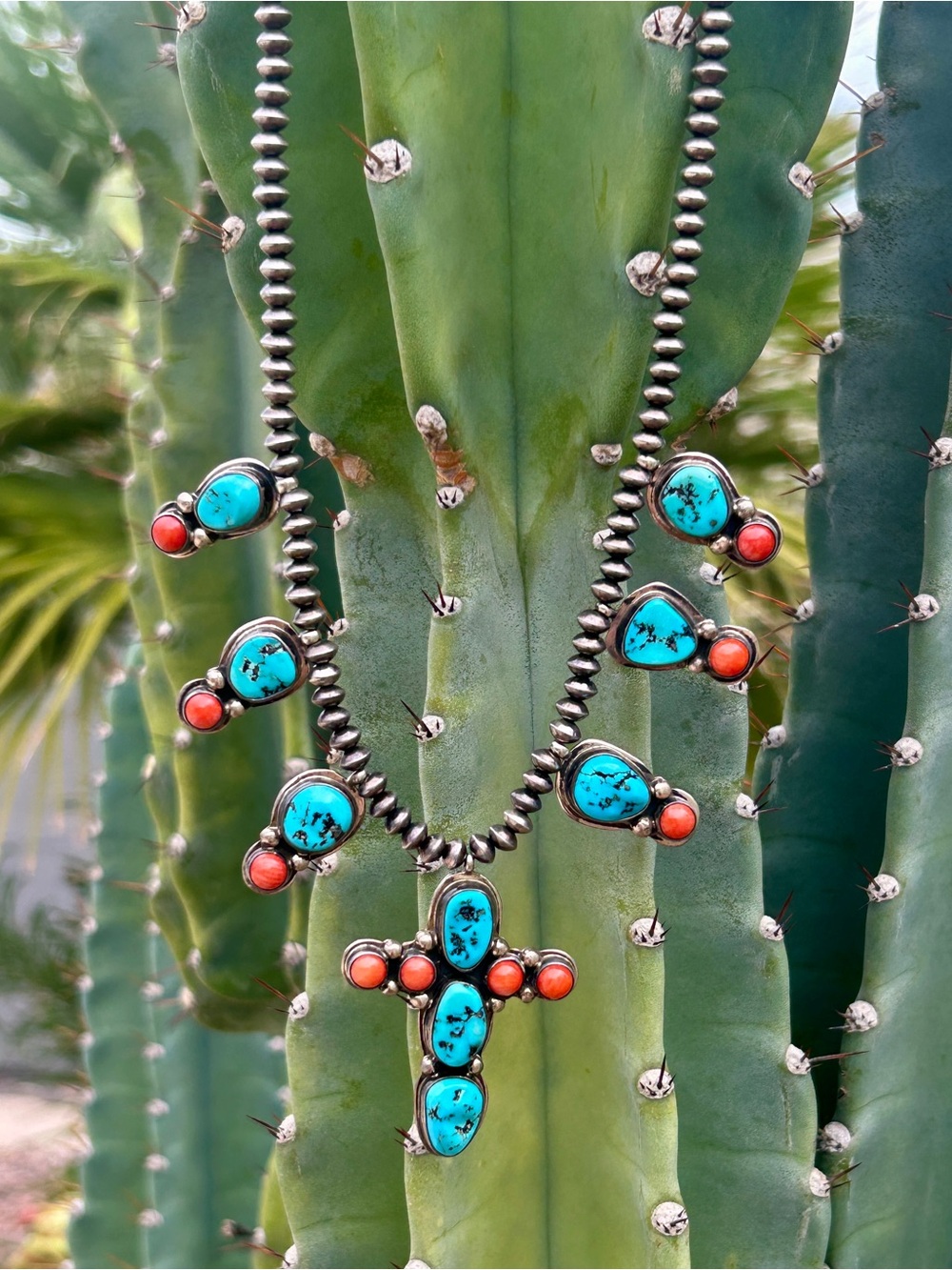 Vintage Navajo handmade Coral and Turquoise Sterling Silver Cross Necklace